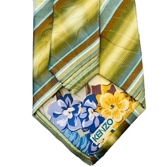 KENZO Textured 100% Silk Green Yellow Neck Tie - Picture 9 of 10